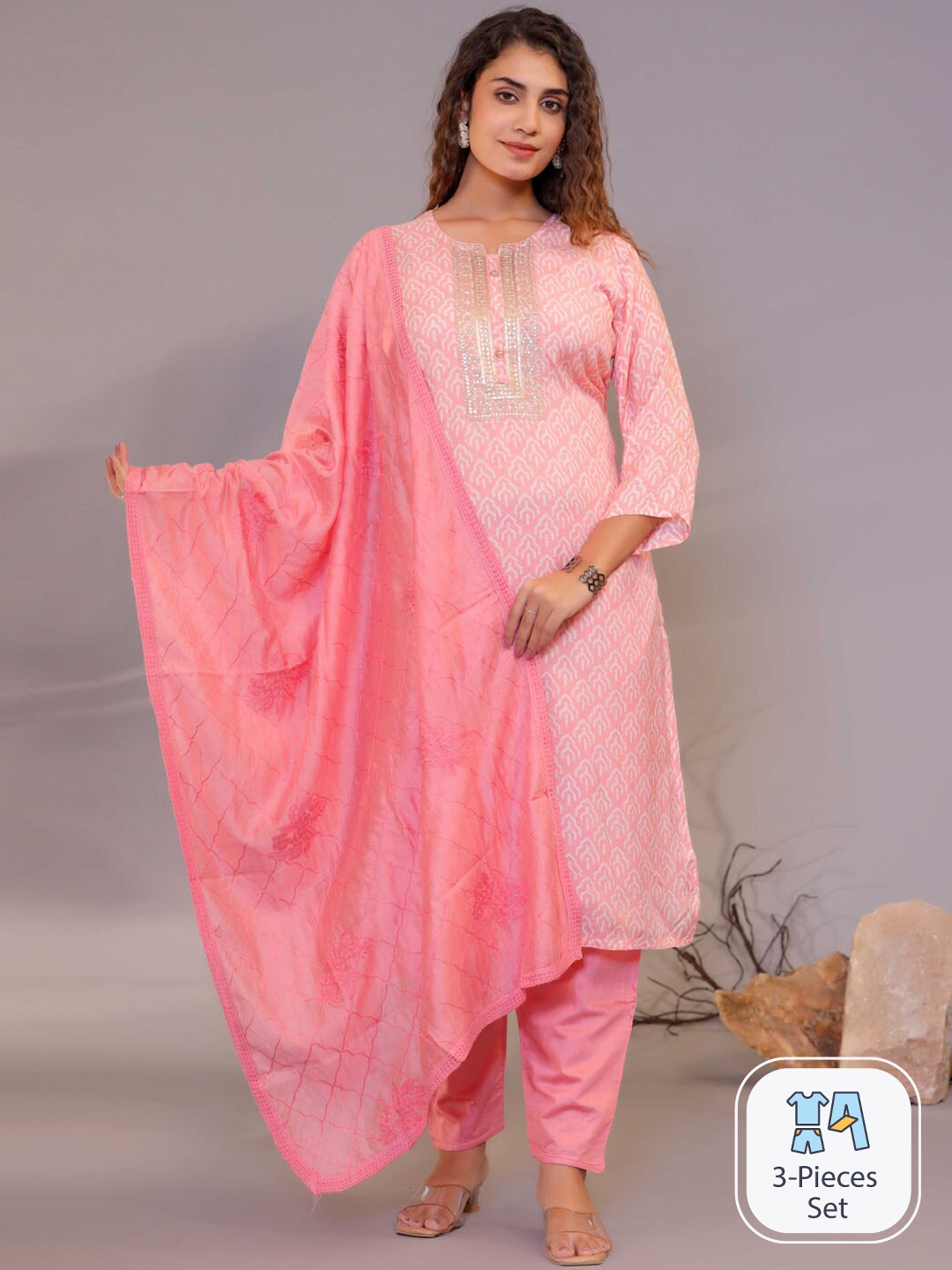 

Meena Bazaar Ethnic Motifs Printed Sequinned Kurta With Trousers & Dupatta, Pink
