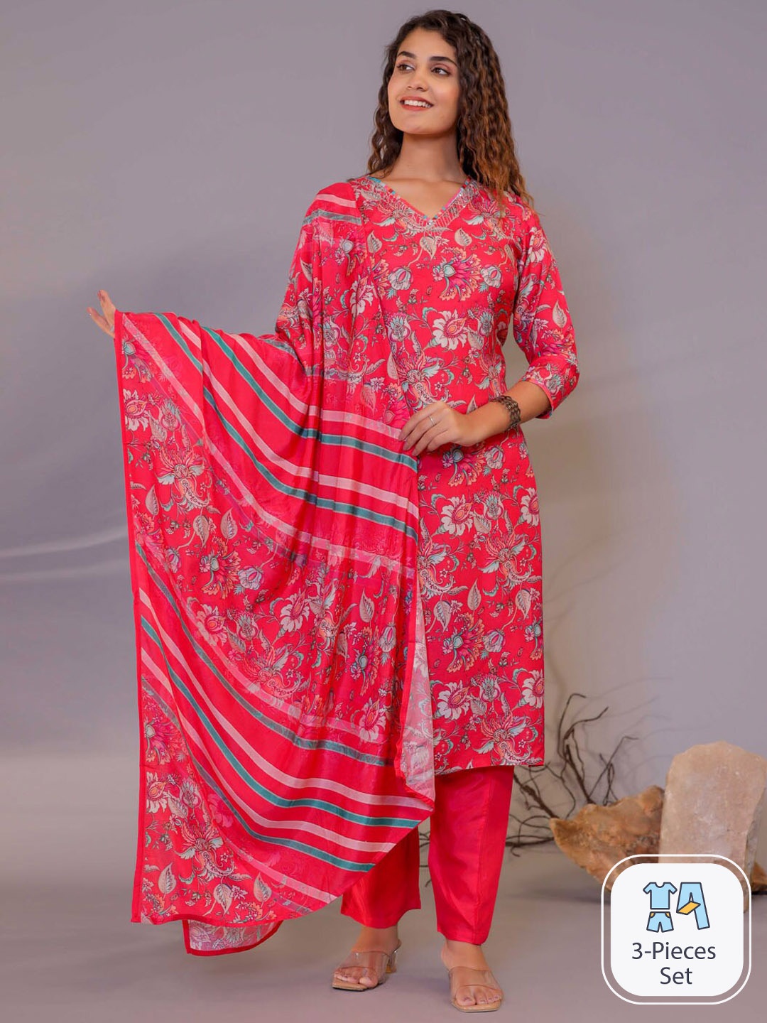 

Meena Bazaar Floral Printed Pure Cotton Kurta With Trousers & Dupatta, Pink