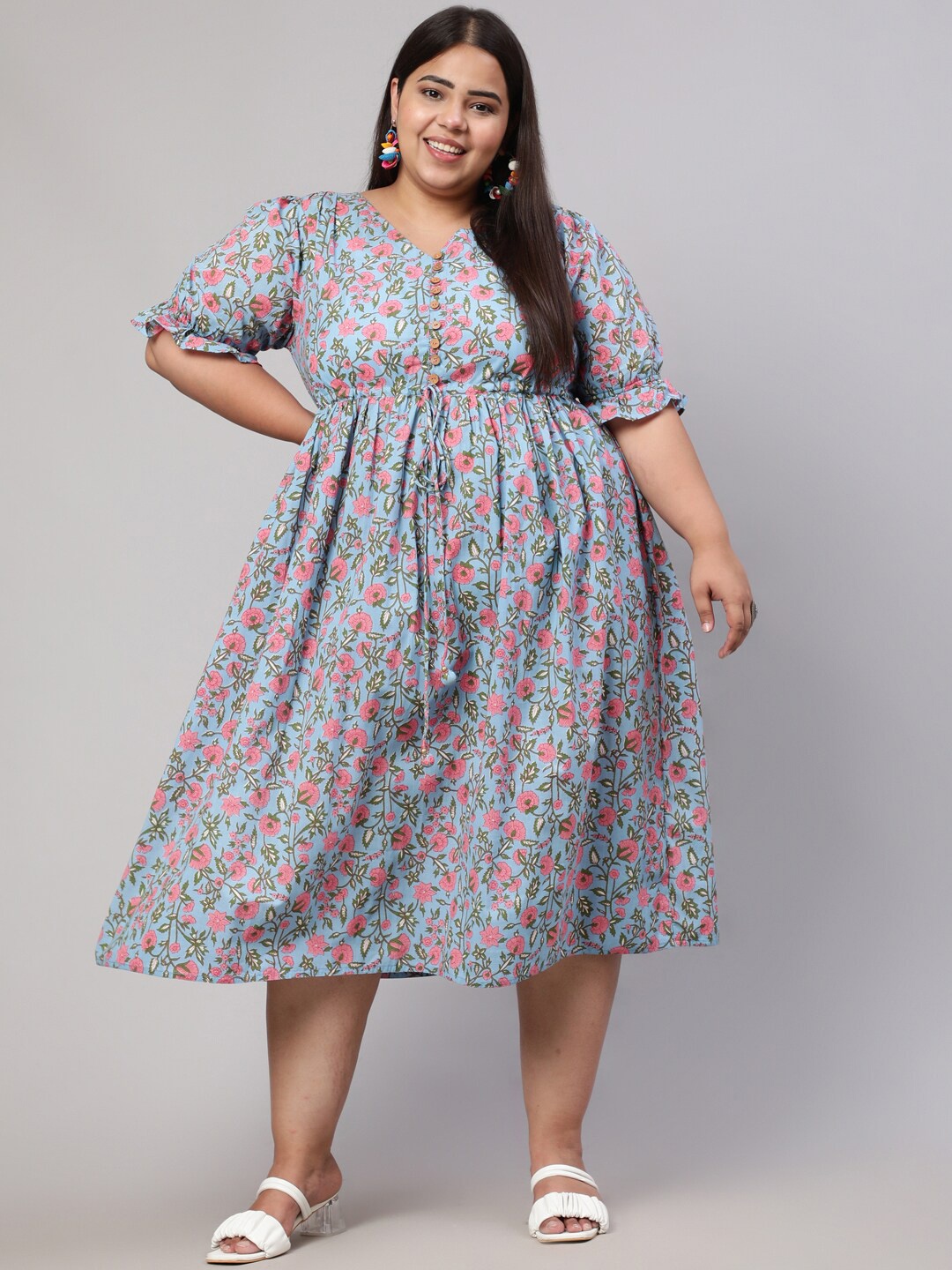 

Jaipur Kurti Plus Size Floral Printed Tie-Up Detail Puff Sleeve Cotton Midi Dress, Blue