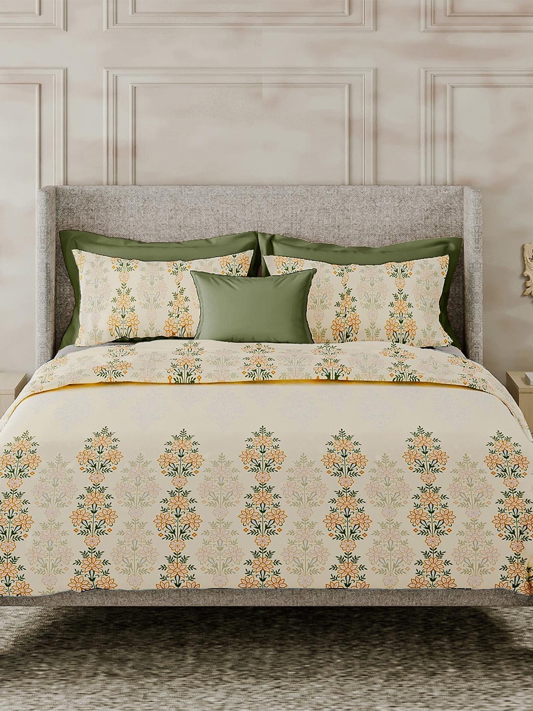 

LABHAM Beige & Green Ethnic Motifs Cotton 180 TC King Bedsheet With 2 Pillow Covers