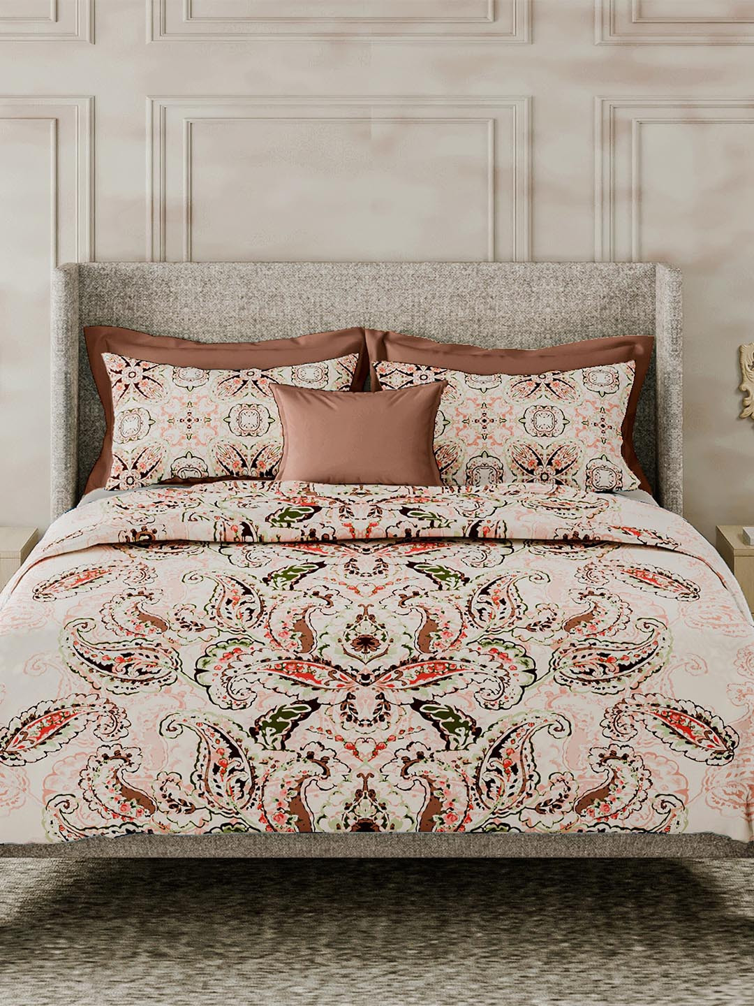 

LABHAM Off White & Rust Red Ethnic Motifs Cotton 180 TC King Bedsheet with 2 Pillow Covers
