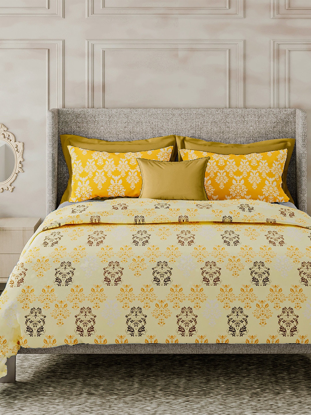 

LABHAM Beige & Yellow Ethnic Motifs Cotton 180 TC King Bedsheet with 2 Pillow Covers