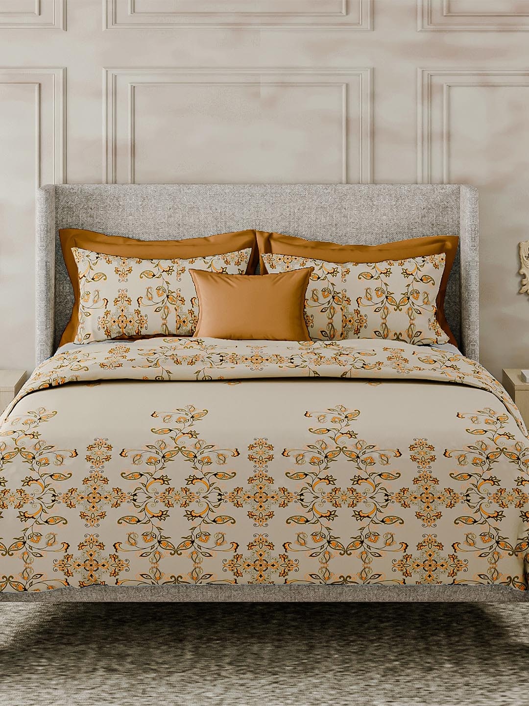 

LABHAM Beige & Brown Ethnic Motifs Cotton 180 TC King Bedsheet with 2 Pillow Covers
