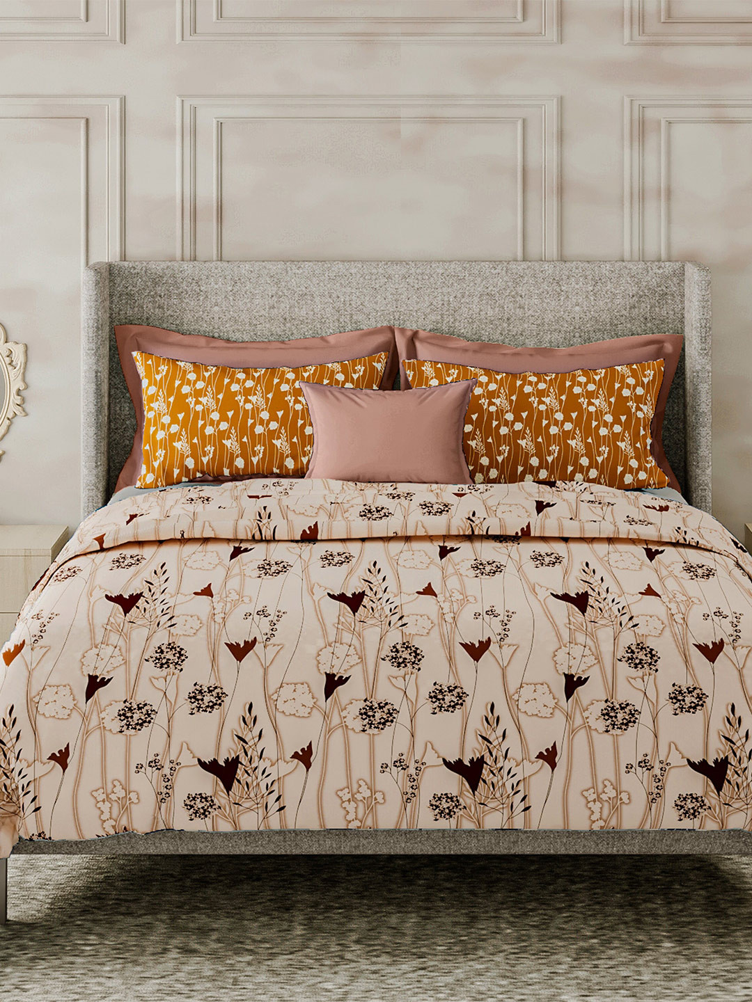 

LABHAM Beige & Brown Floral Cotton 180 TC King Bedsheet with 2 Pillow Covers
