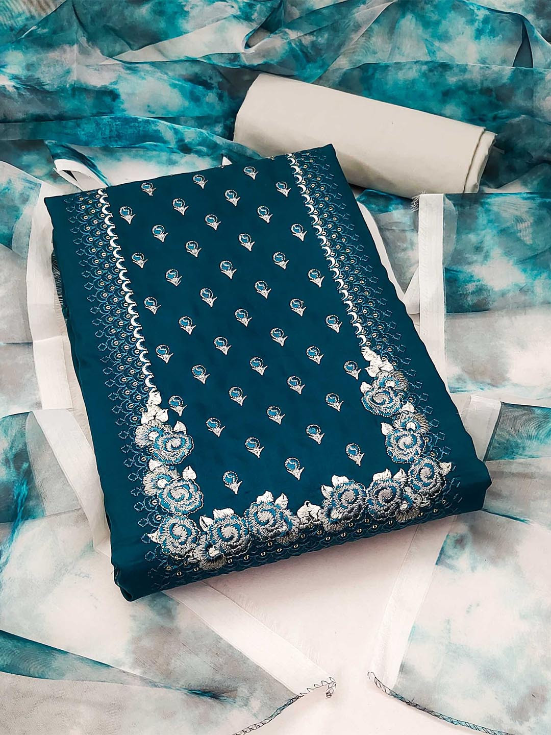 

KALINI Floral Embroidered Unstitched Dress Material, Teal