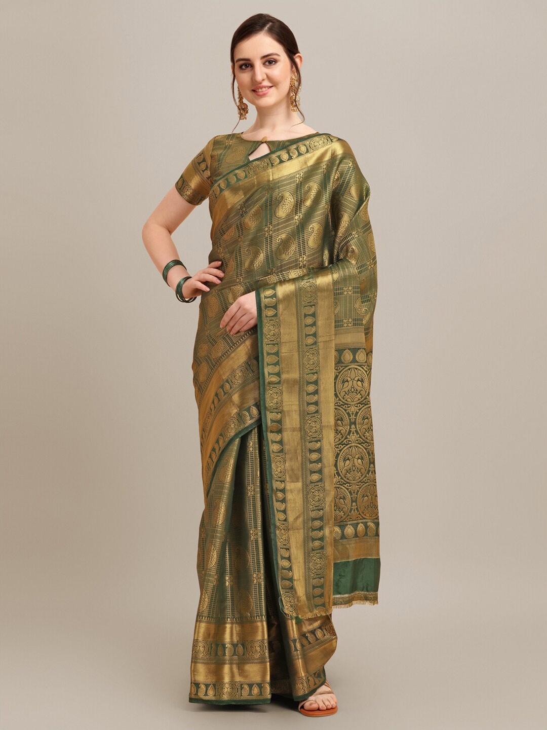

Mitera Green & Gold-Toned Ethnic Motifs Woven Design Zari Silk Cotton Banarasi Saree