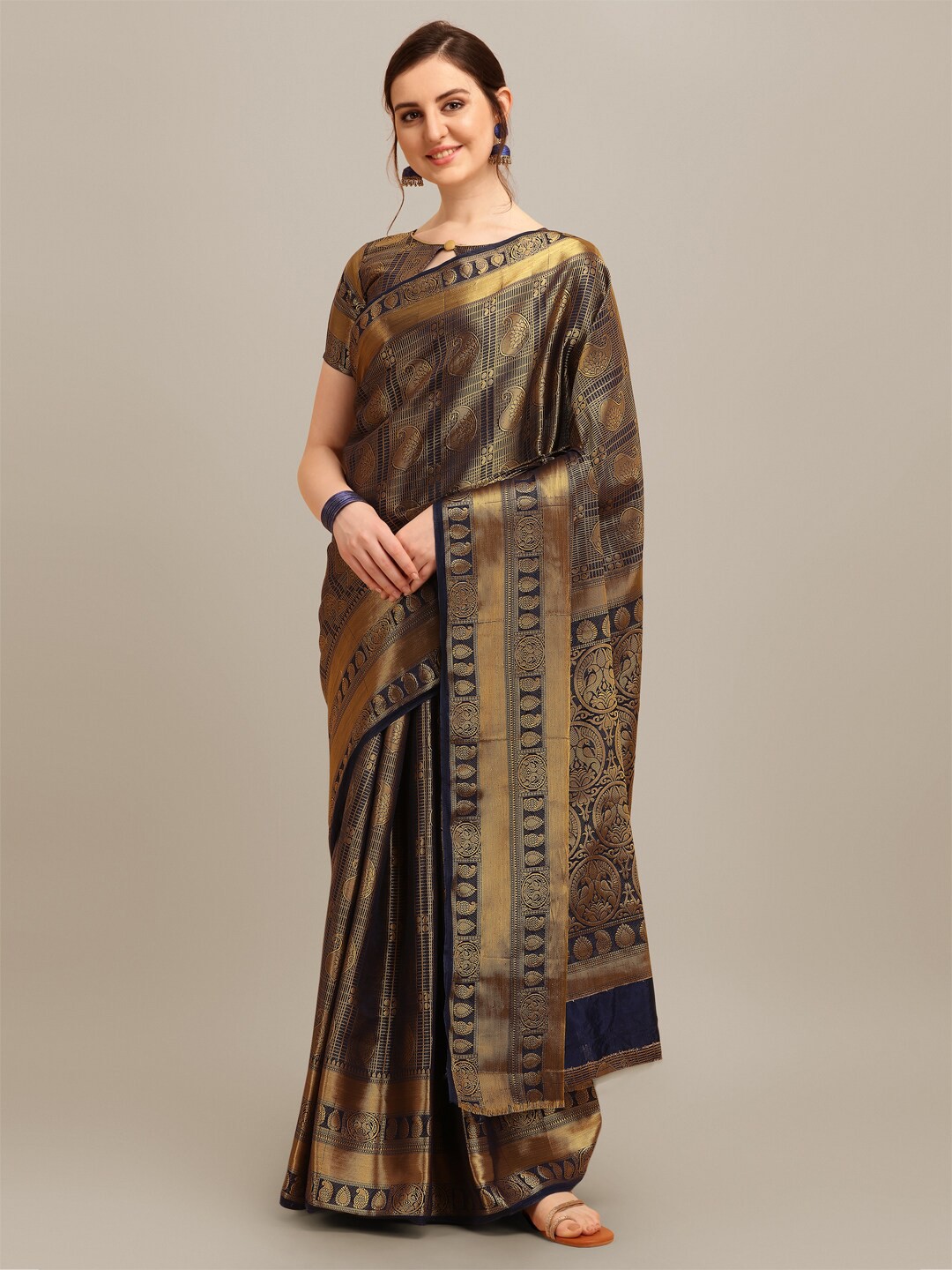 

Mitera Blue & Gold-Toned Ethnic Motifs Woven Design Zari Silk Cotton Banarasi Saree