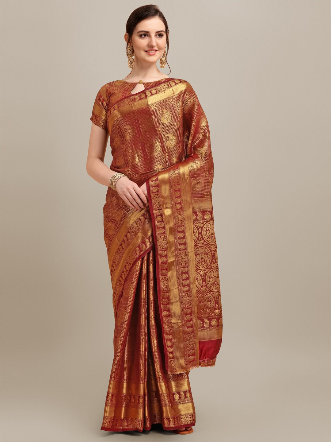 

Mitera Maroon & Gold-Toned Woven Design Zari Silk Cotton Banarasi Saree