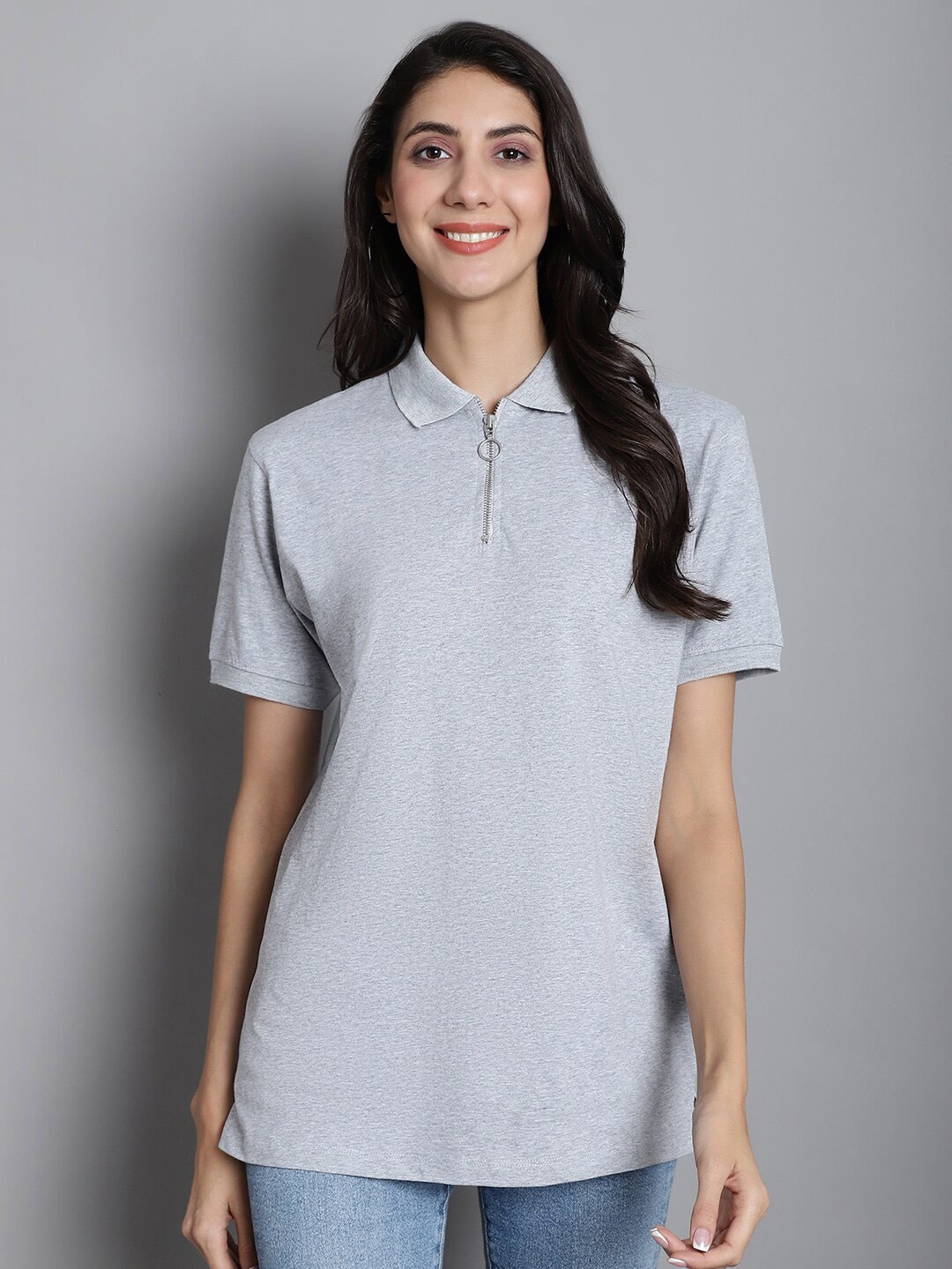 

DOOR74 Polo Collar Cotton T-shirt, Grey melange