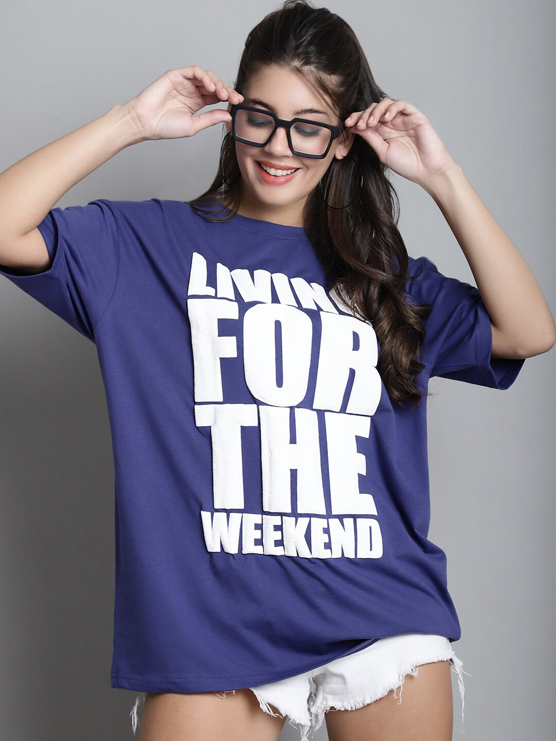 

DOOR74 Typography Printed Drop-Shoulder Sleeves Oversized Cotton T-shirt, Blue
