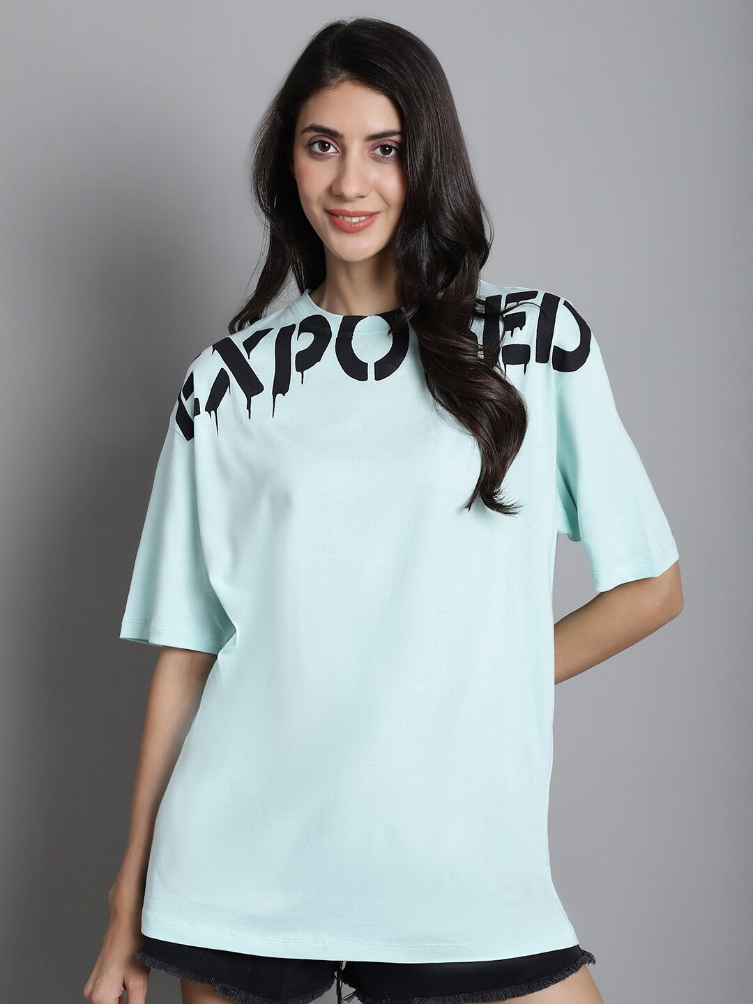 

DOOR74 Typography Printed Drop-Shoulder Sleeves Oversized Cotton T-shirt, Green