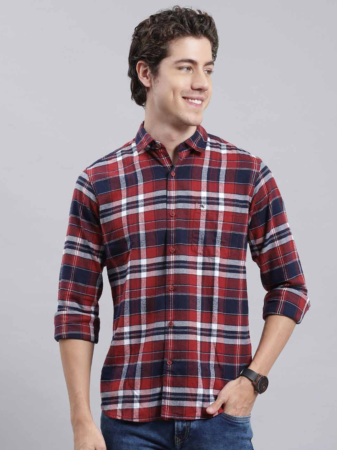 

Monte Carlo Men Classic Tartan Checked Pure Cotton Casual Shirt, Red