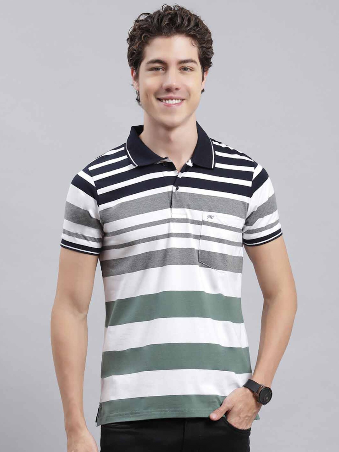 

Monte Carlo Striped Polo Collar T-Shirt, Navy blue