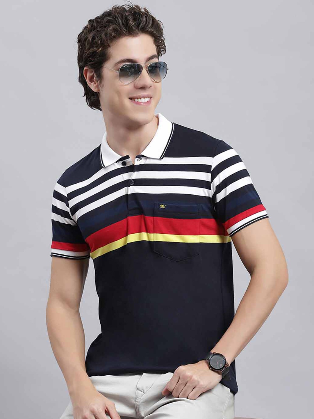 

Monte Carlo Striped Polo Collar T-Shirt, Navy blue