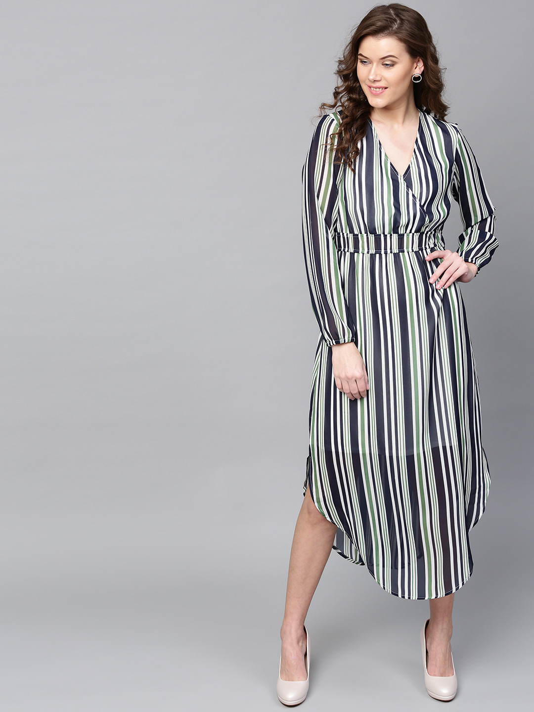 

SASSAFRAS Women Navy Blue Striped Wrap Dress