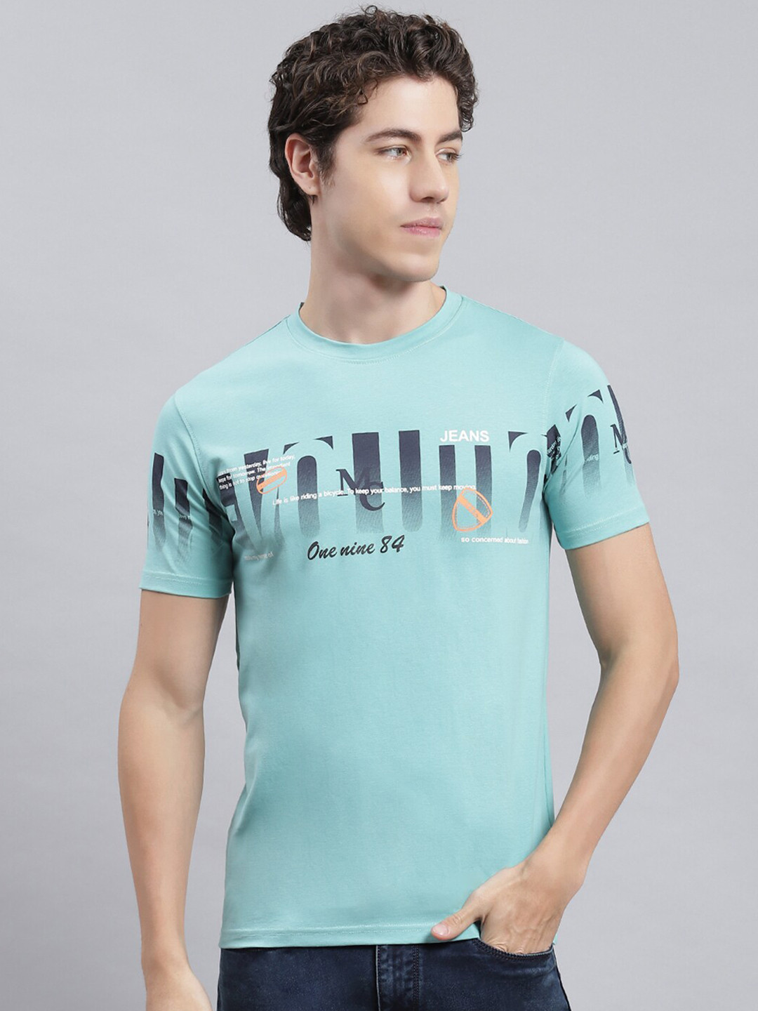 

Monte Carlo Typography Printed Regular Fit Round Neck T-Shirt, Turquoise blue
