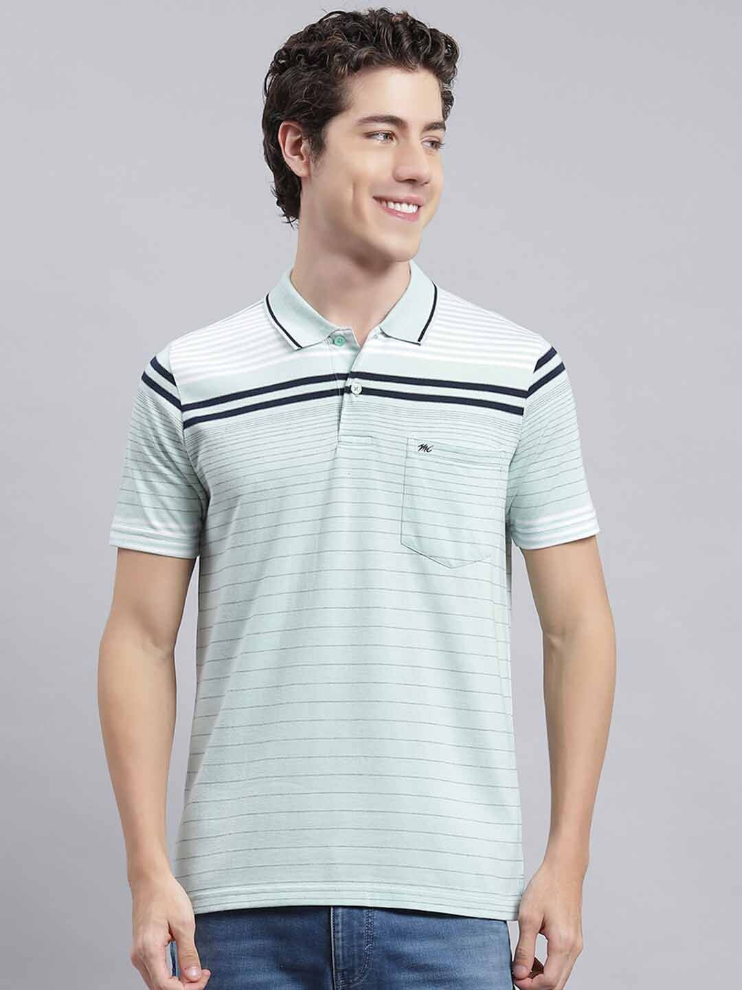 

Monte Carlo Striped Polo Collar Cotton T-Shirt, Sea green