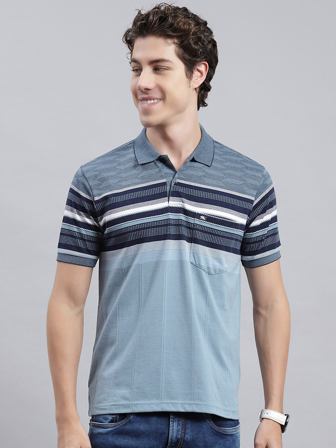 

Monte Carlo Striped Polo Collar T-shirt, Blue
