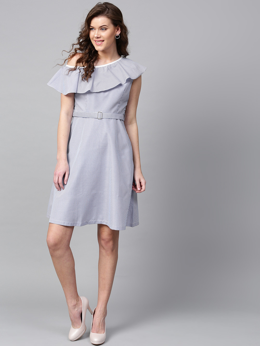 

SASSAFRAS Women Blue & White Striped One-Shoulder Fit & Flare Dress