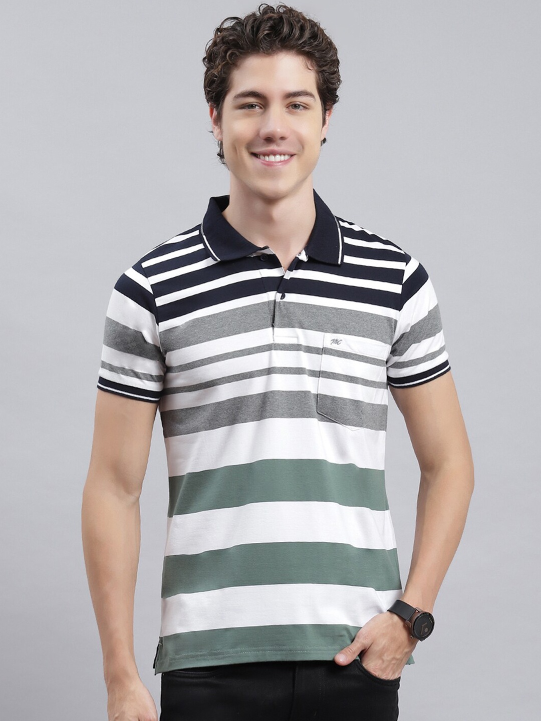 

Monte Carlo Striped Polo Collar Cotton Casual T-shirt, White