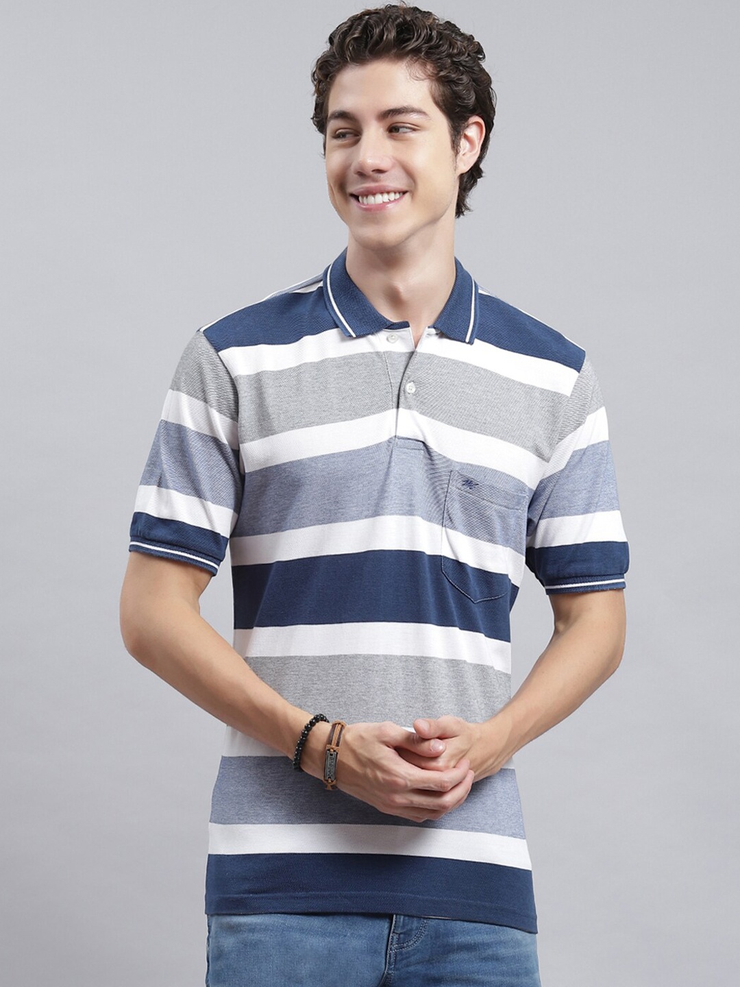 

Monte Carlo Striped Polo Collar Cotton Casual T-shirt, Blue