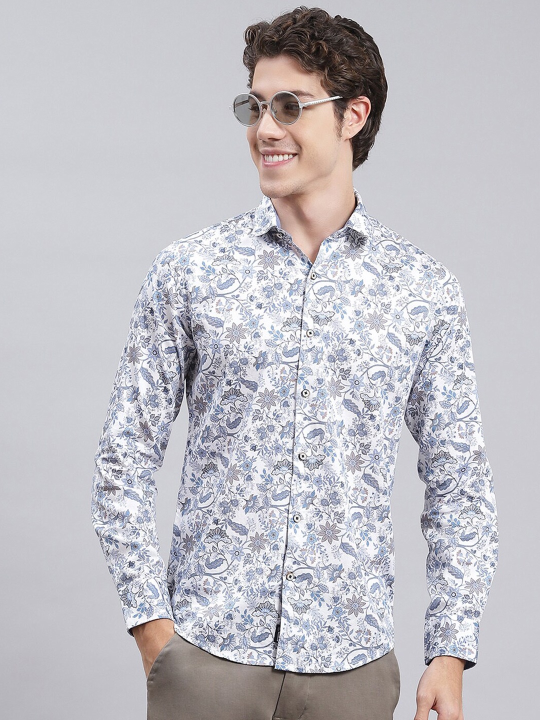 

Monte Carlo Men Classic Slim Fit Floral Printed Pure Cotton Casual Shirt, White