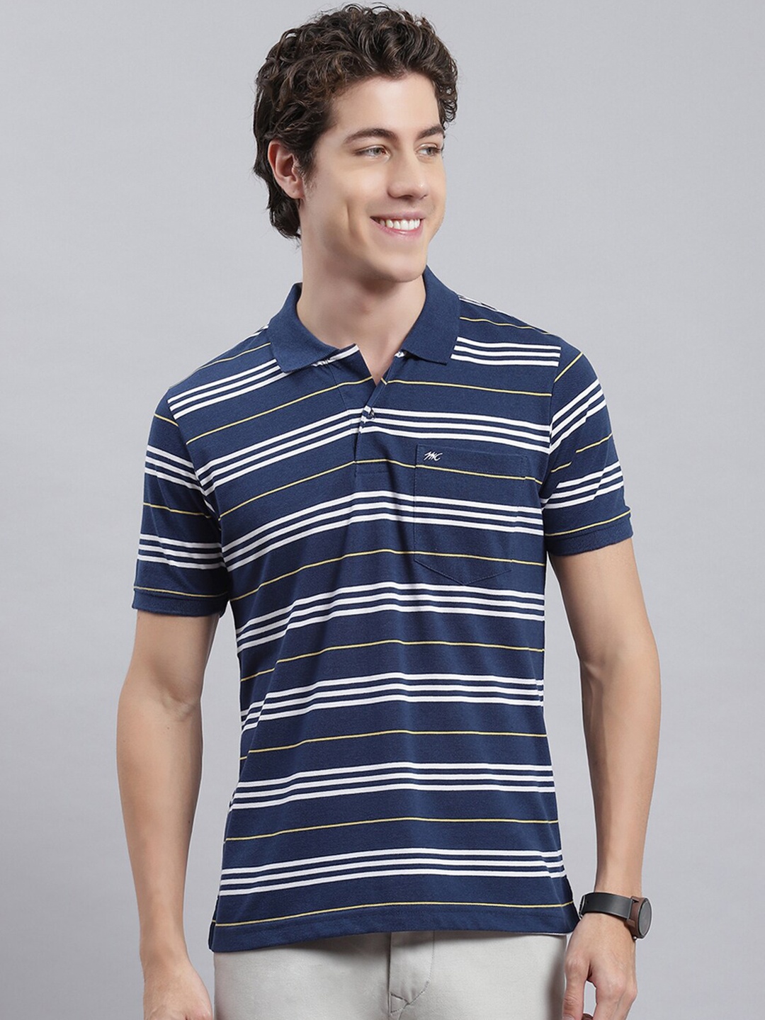

Monte Carlo Striped Polo Collar Regular Fit Cotton Casual T-Shirt, Navy blue