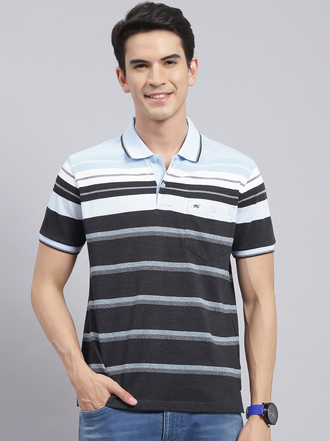 

Monte Carlo Striped Polo Collar Regular Fit Casual T-shirt, Blue