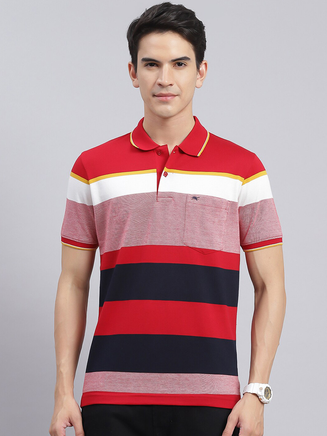 

Monte Carlo Striped Polo Collar Regular Fit Cotton Casual T-Shirt, Red
