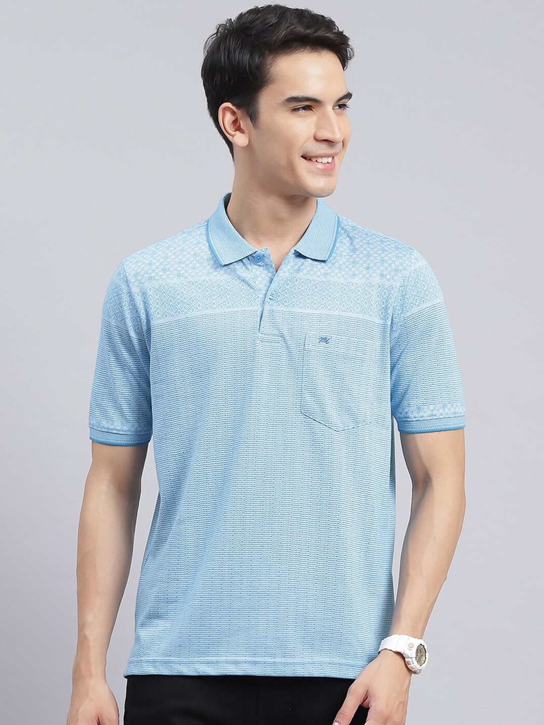 

Monte Carlo Self Design Polo Collar Regular Fit Casual T-shirt, Blue