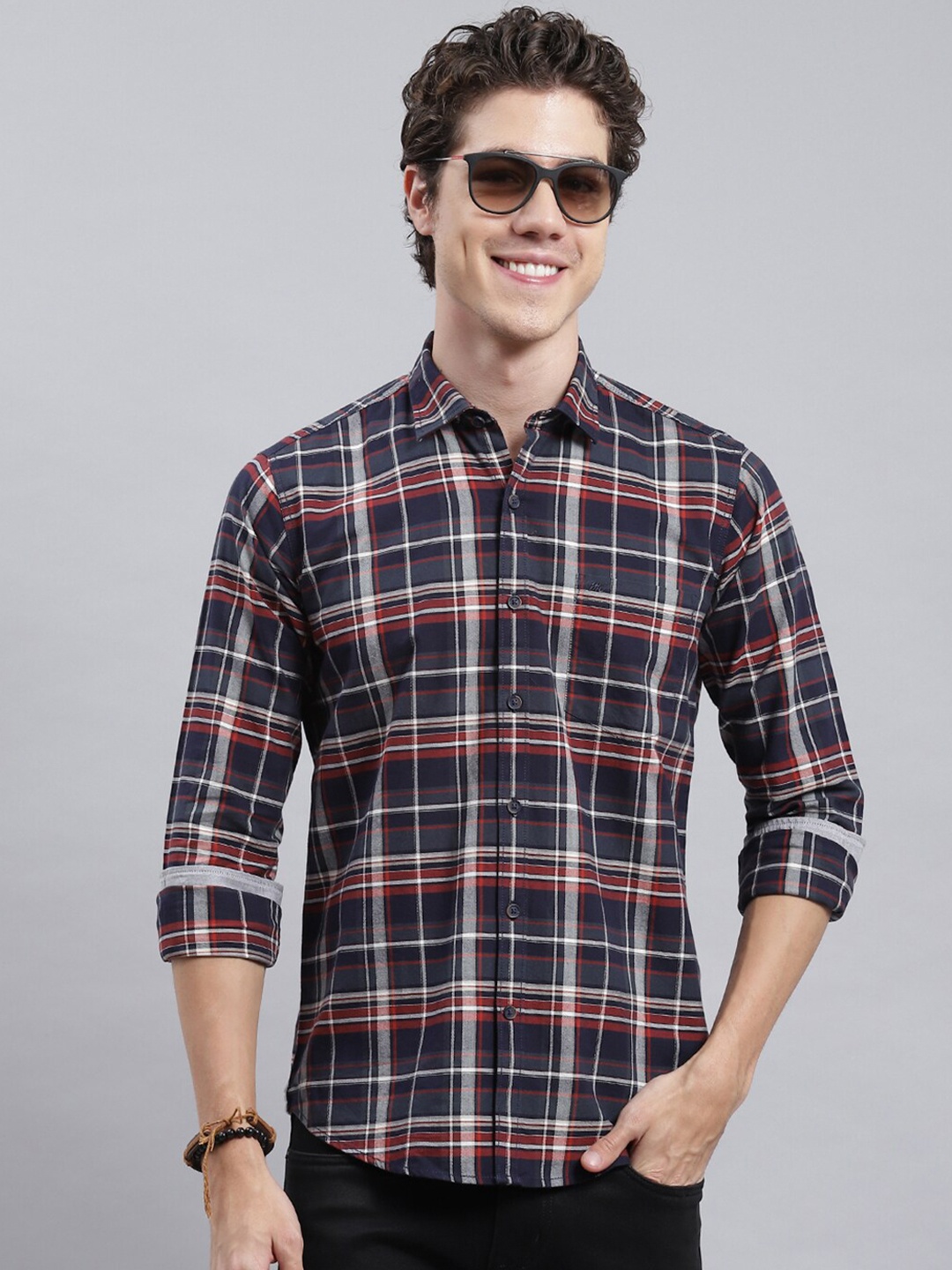 

Monte Carlo Classic Tartan Checked Opaque Pure Cotton Casual Shirt, Navy blue