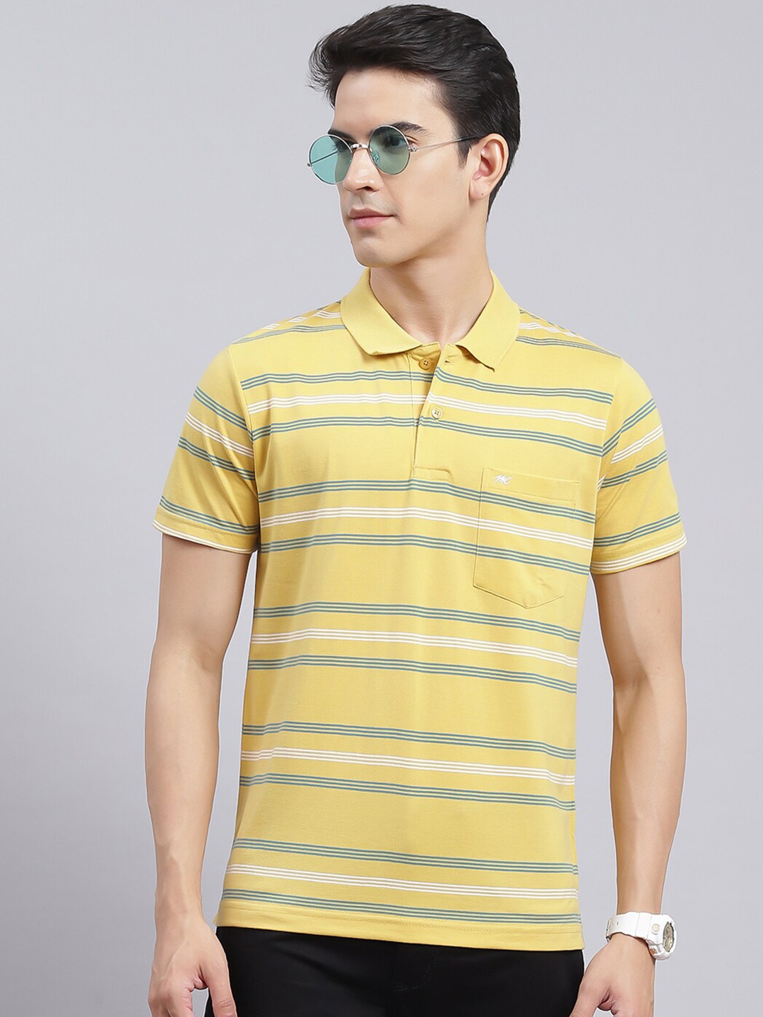 

Monte Carlo Striped Regular Fit Cotton Polo Collar Casual T-Shirt, Yellow