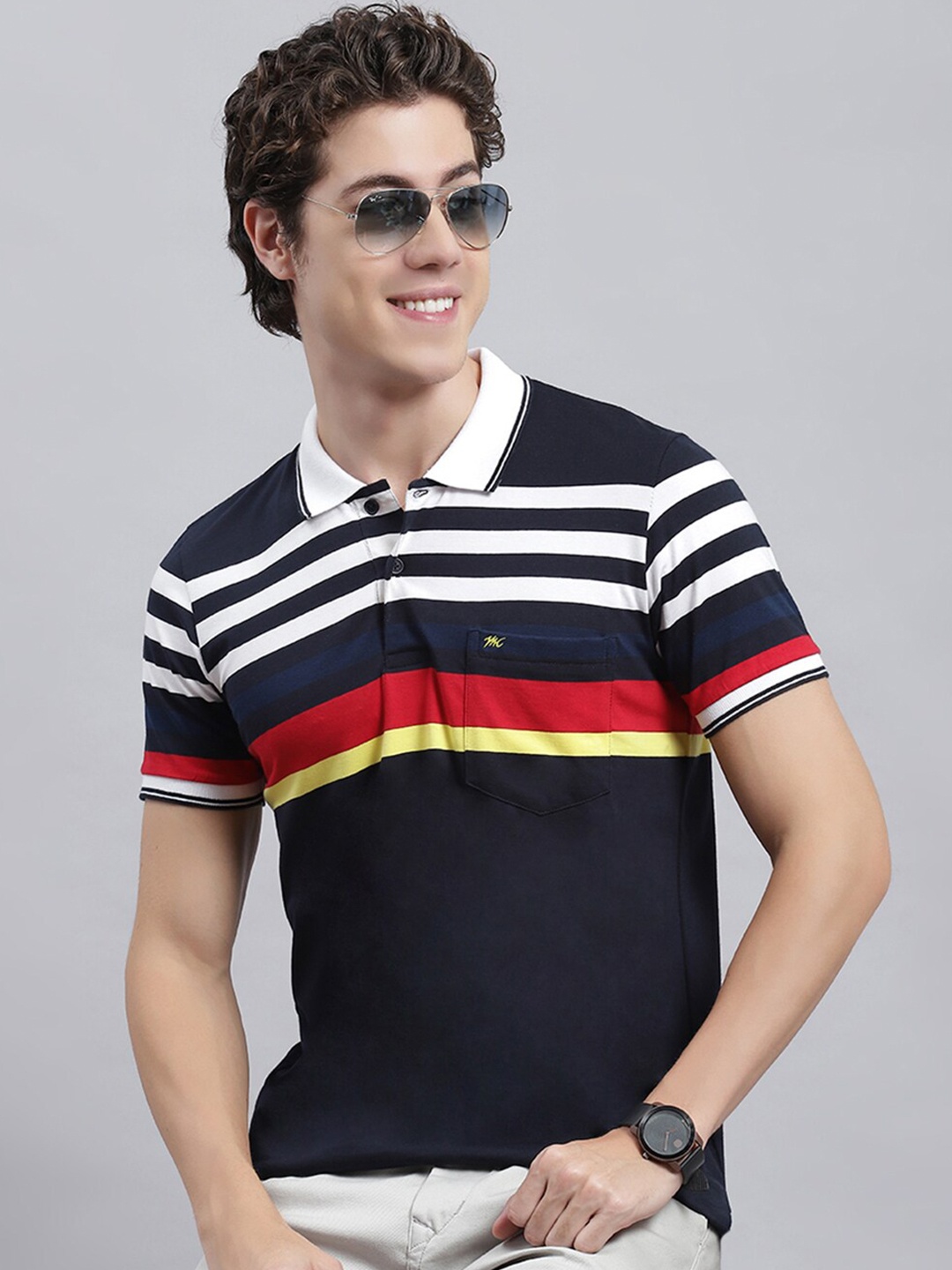 

Monte Carlo Striped Polo Collar Regular Fit Casual T-shirt, Navy blue