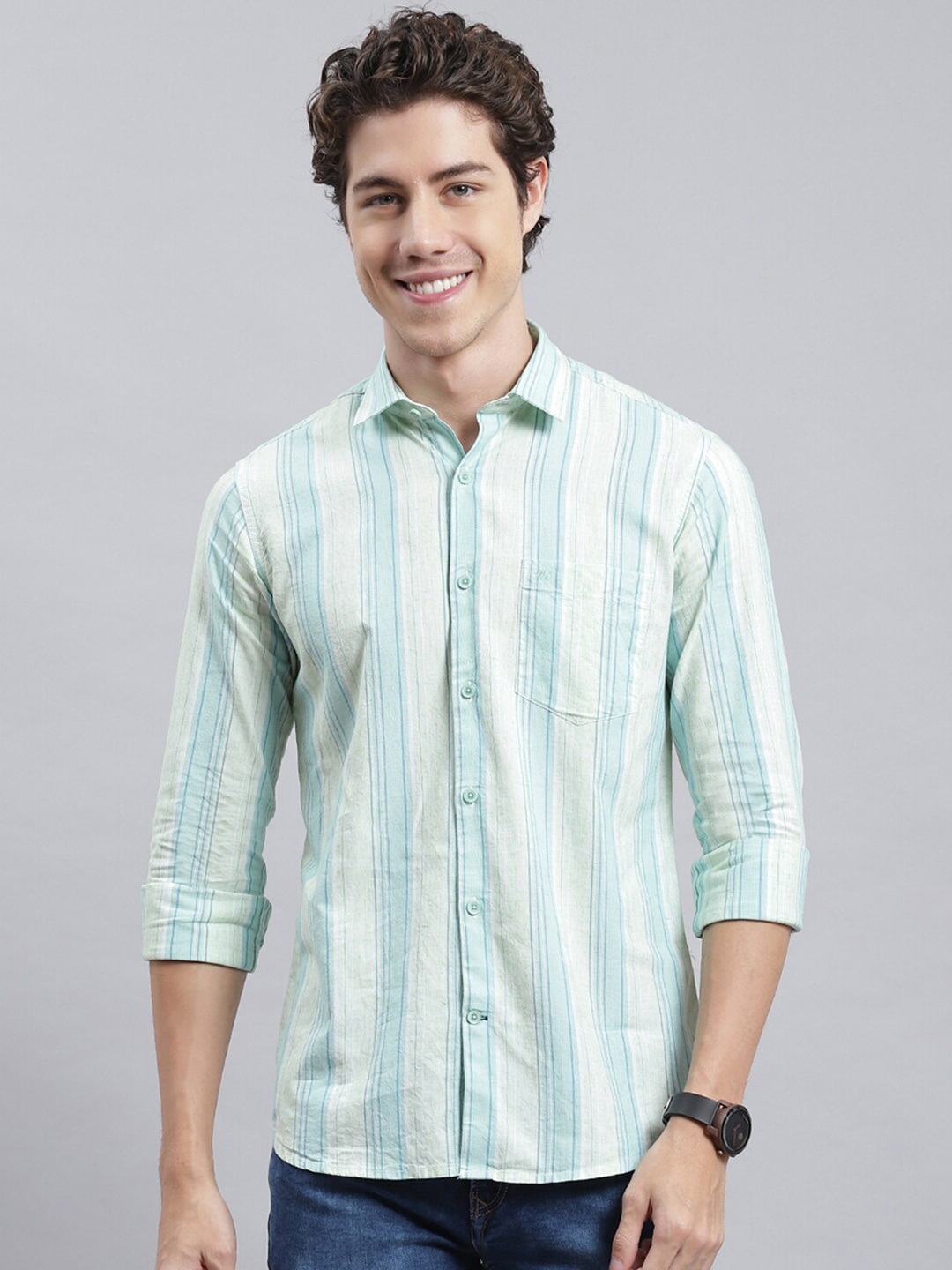 

Monte Carlo Classic Opaque Striped Casual Shirt, Sea green