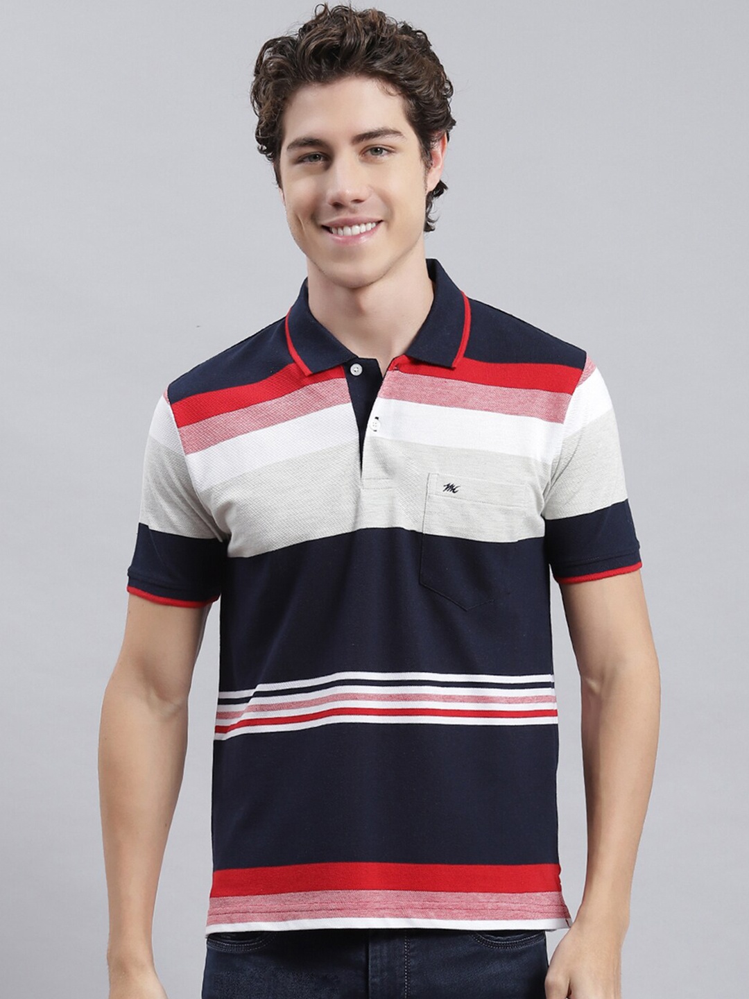 

Monte Carlo Striped Polo Collar Casual T-shirt, Navy blue