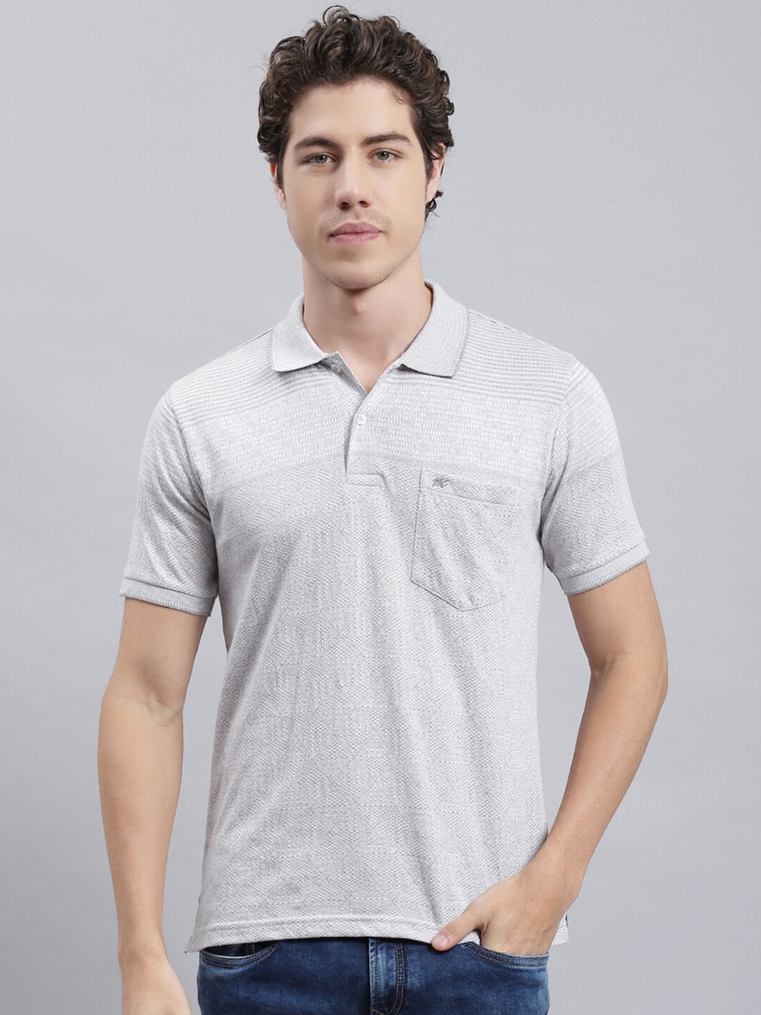

Monte Carlo Self Design Polo Collar Cotton T-Shirt, Grey