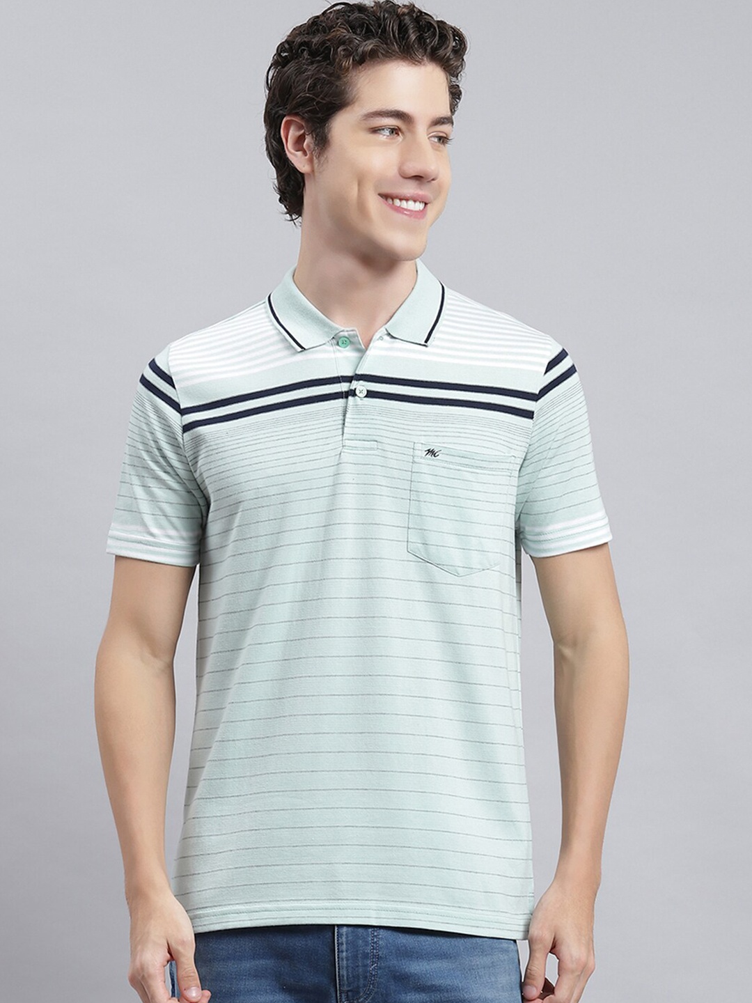 

Monte Carlo Striped Polo Collar T-shirt, Sea green
