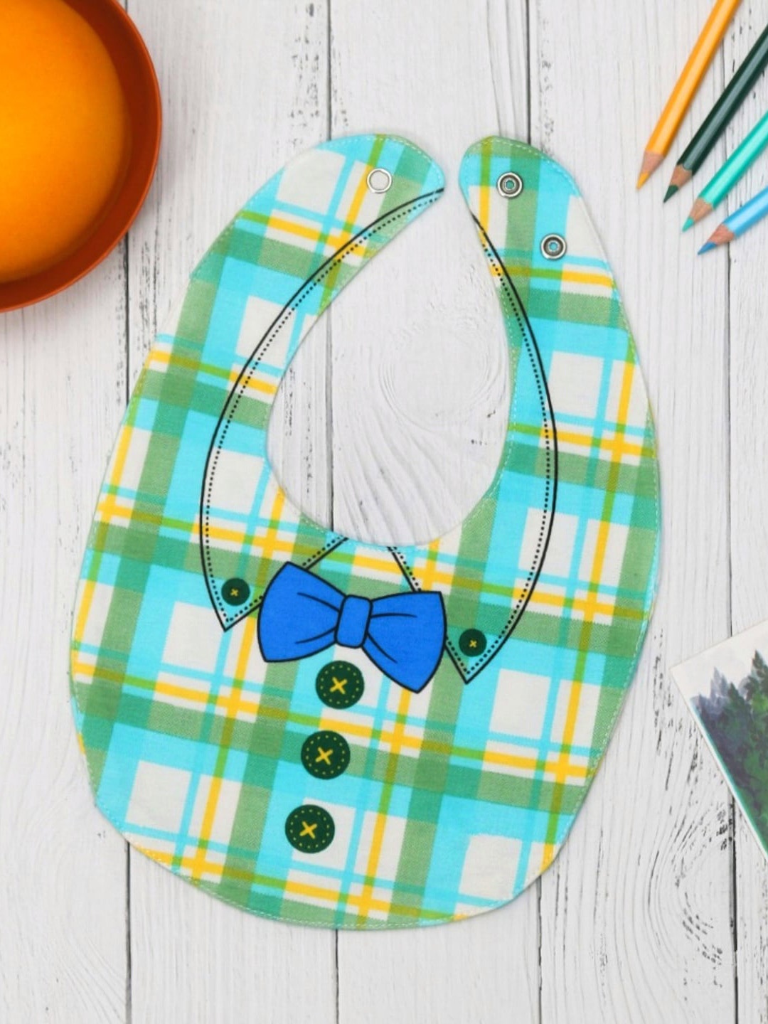 

Yellow Bee Infants Boys Checked Reversible Bibs, Green