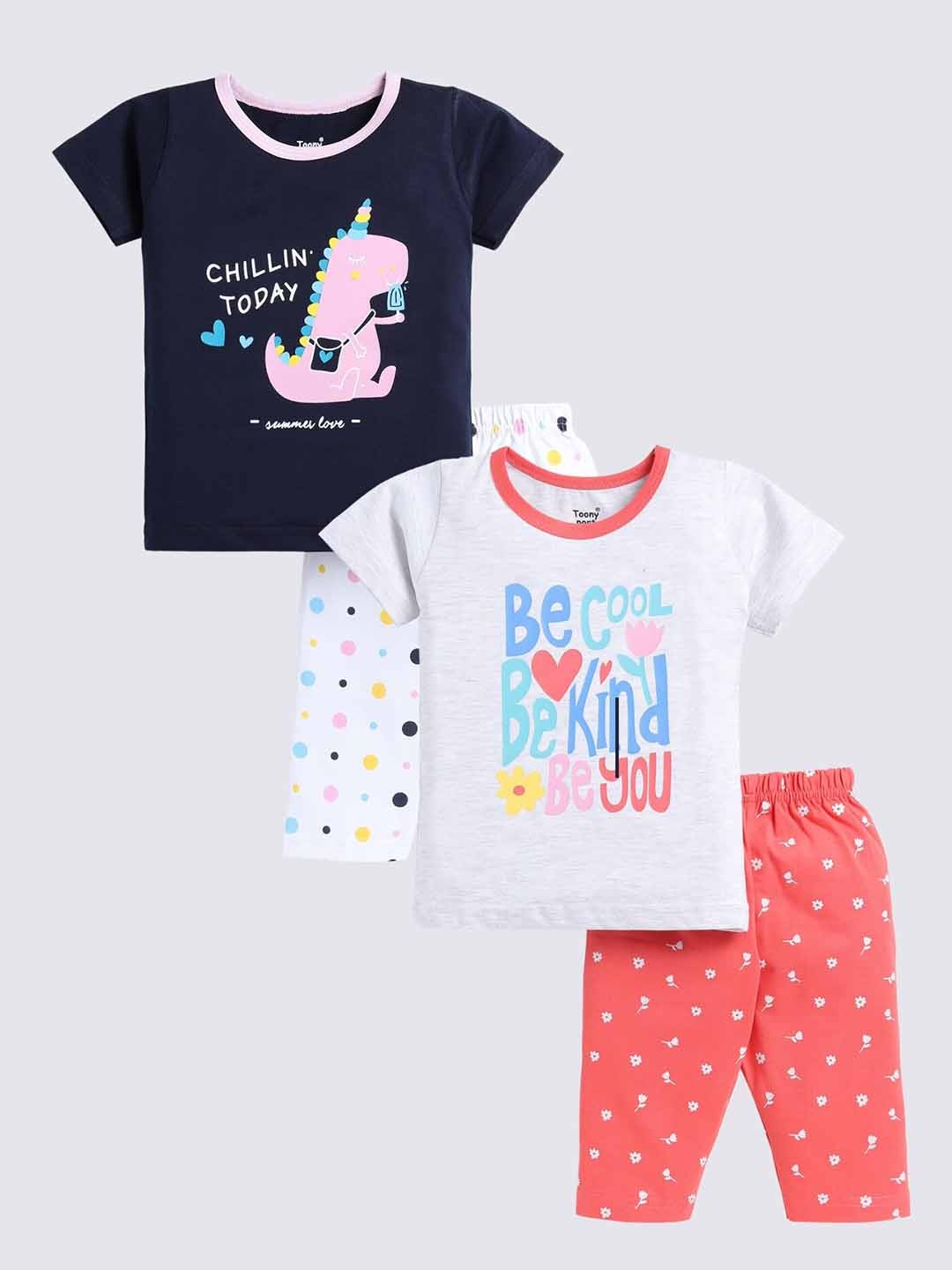 

Toonyport Girls Pack Of 2 Printed Pure Cotton T-shirt with Capris, Navy blue