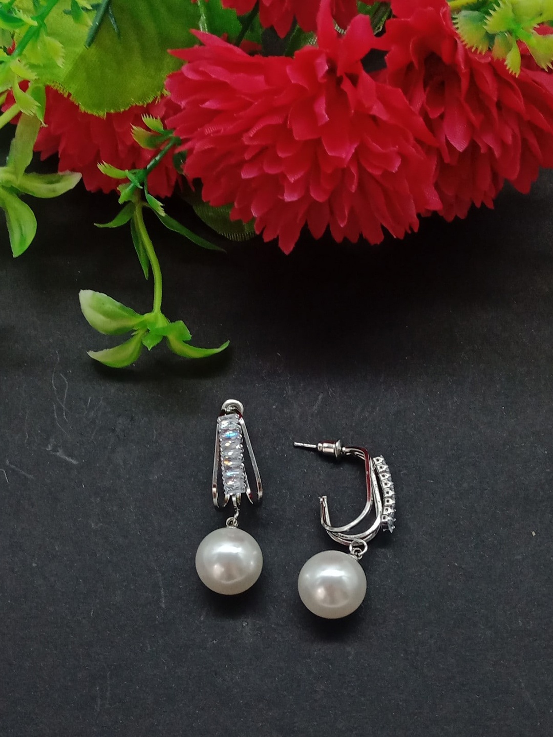 

AASHISH IMITATION Silver-Plated American Diamond Contemporary Drop Earrings, White