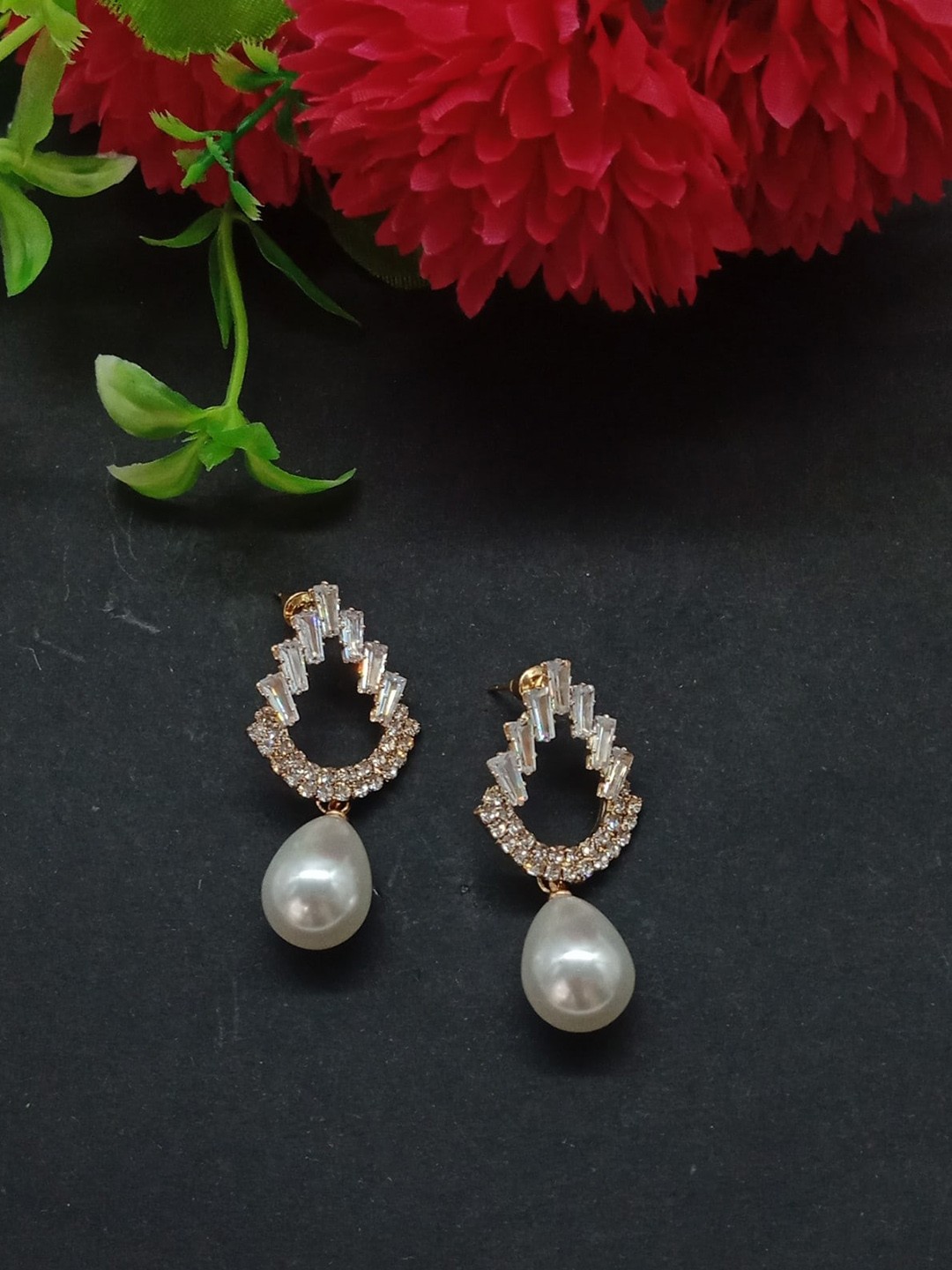 

AASHISH IMITATION Gold-Plated American Diamond Contemporary Drop Earrings, White