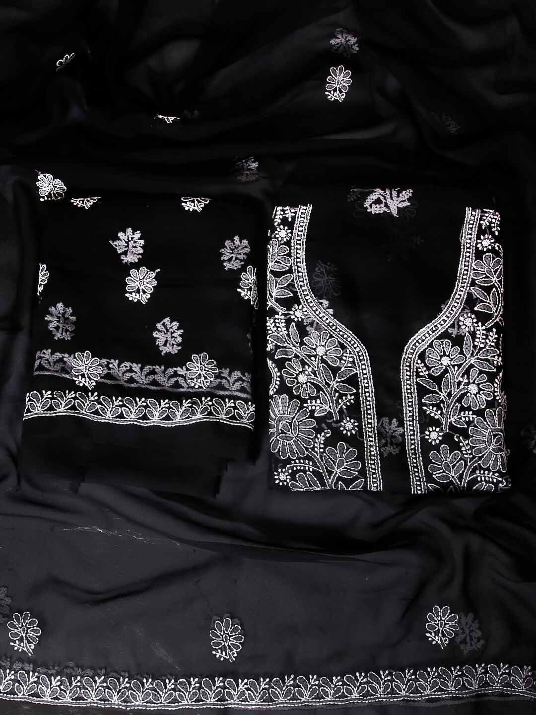 

ADA Floral Embroidered Unstitched Chikankari Dress Material, Black