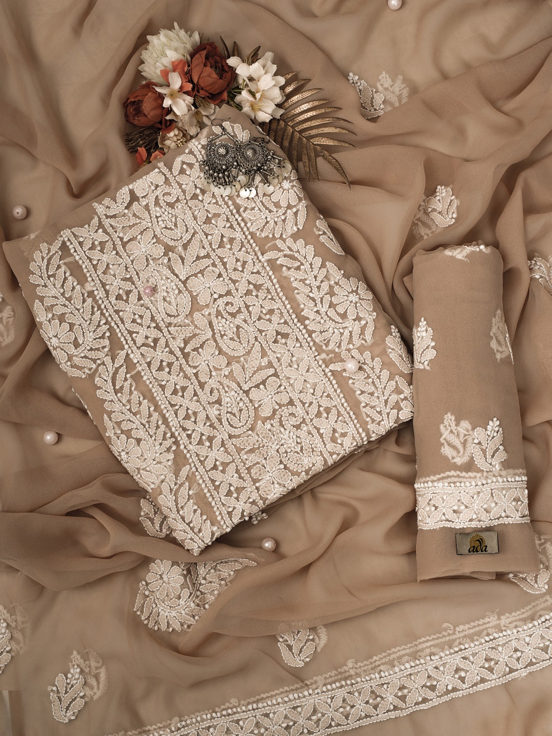 

ADA Ethnic Motif Embroidered Unstitched Chikankari Dress Material, Beige