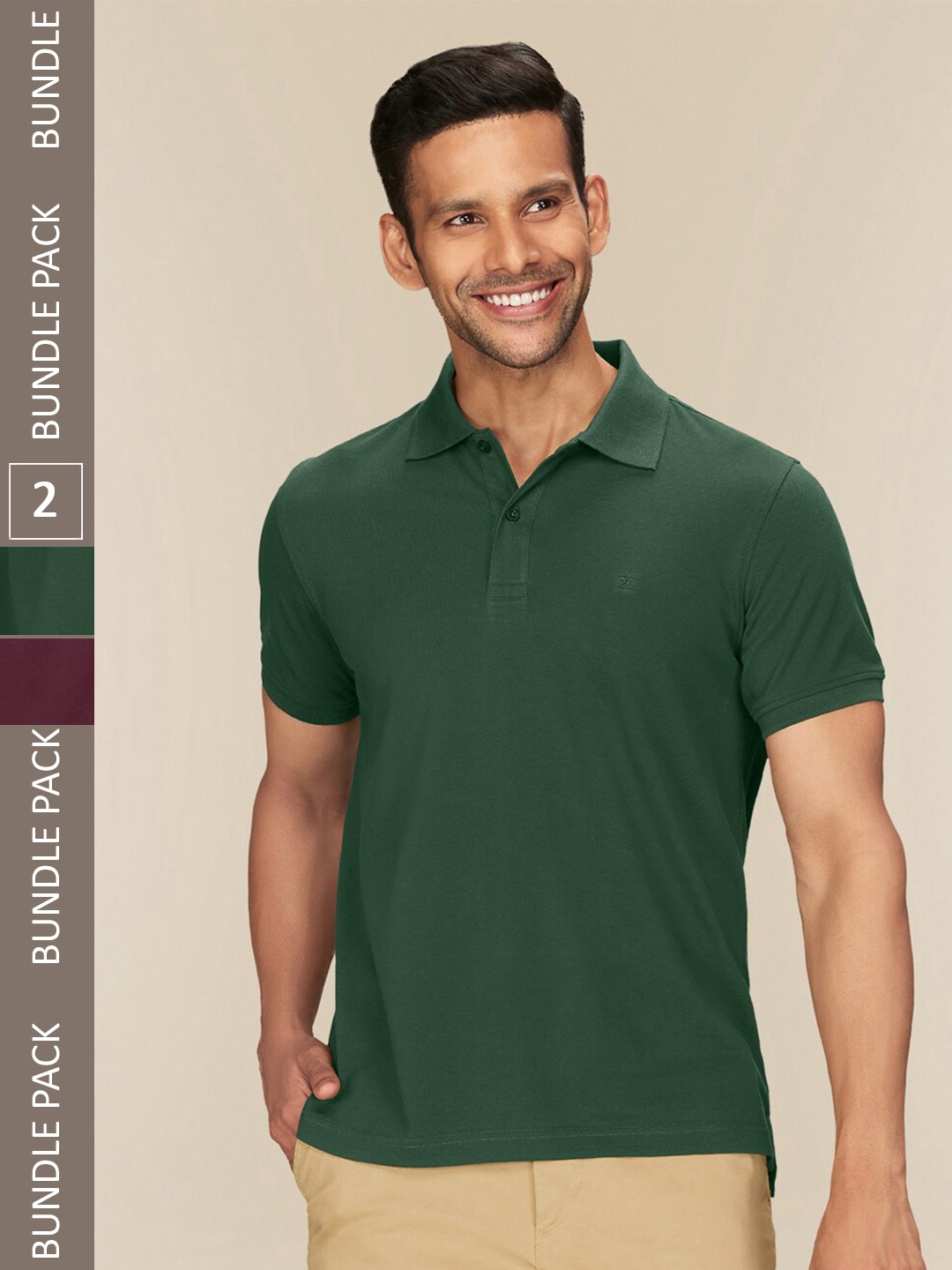 

XYXX Pack Of 2 Polo Collar Pure Cotton Antimicrobial T-shirts, Green