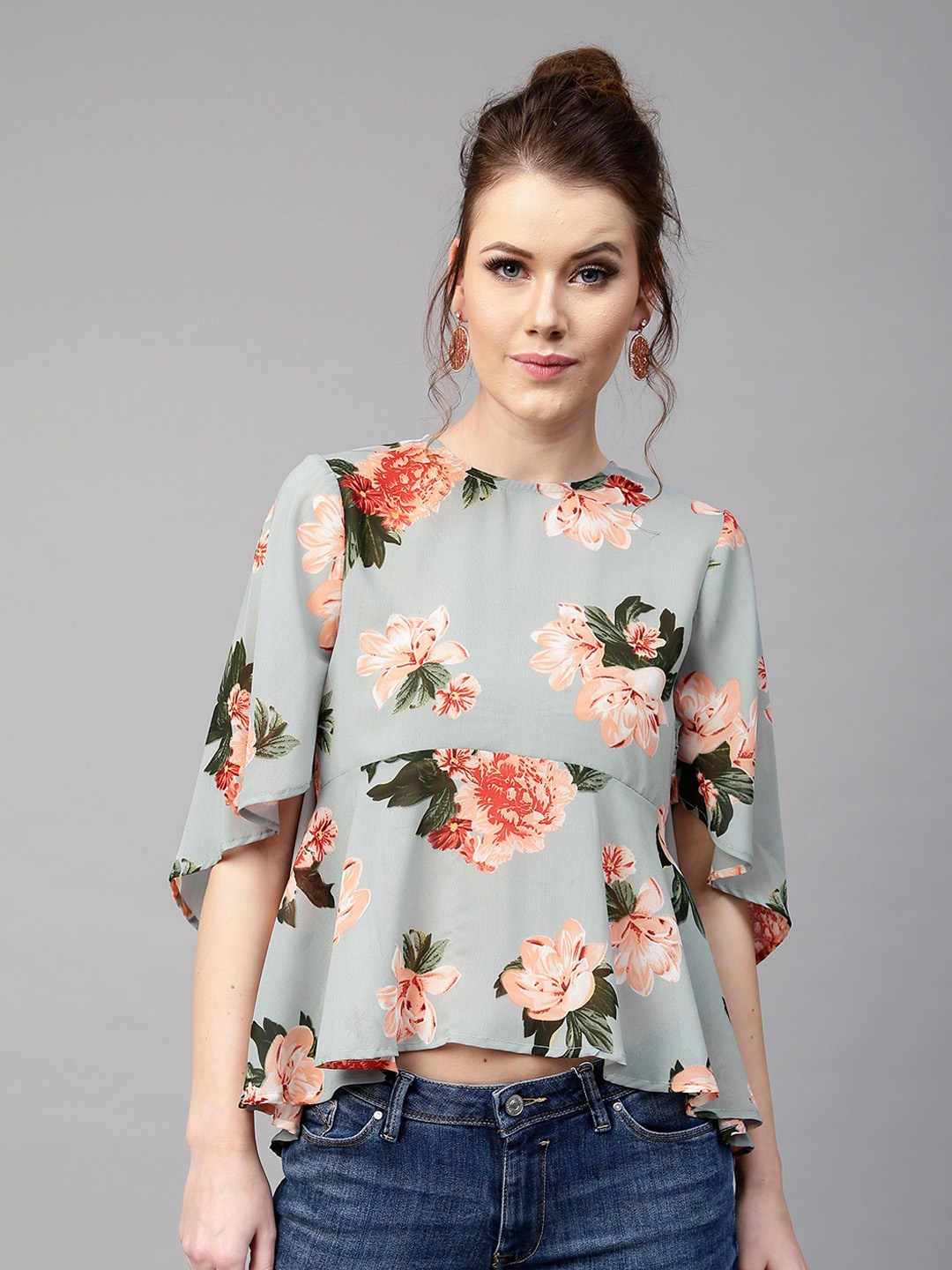 

SASSAFRAS Women Blue Floral Print A-Line Top