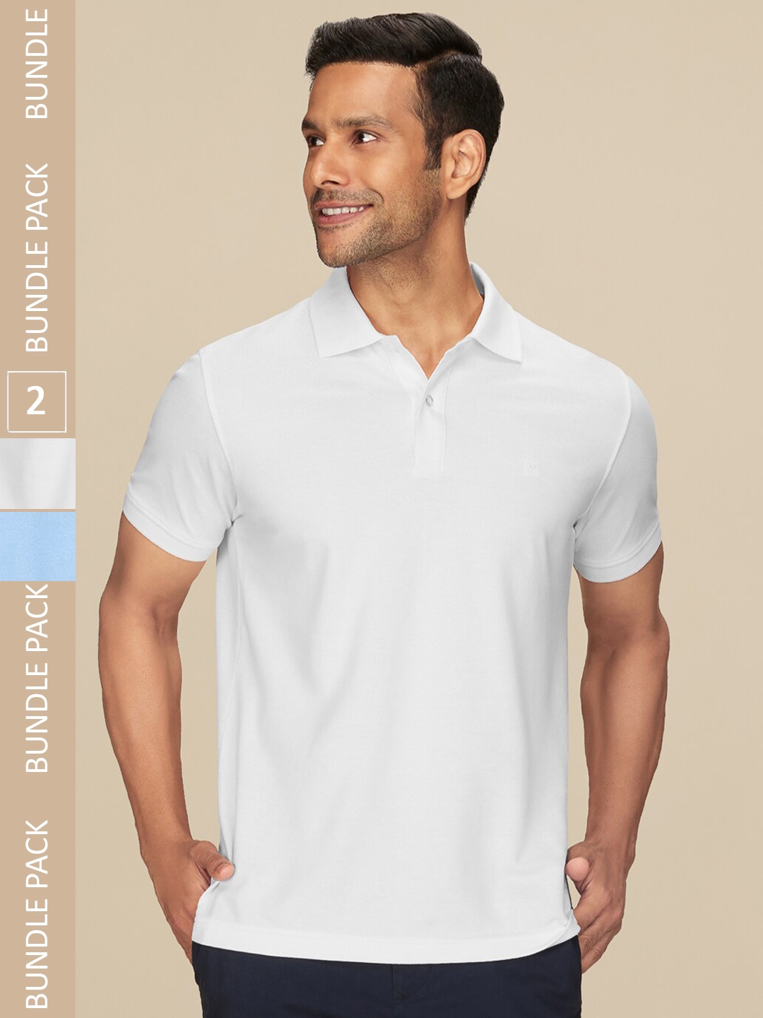 

XYXX Pack of 2 Polo Collar Pure Cotton Antimicrobial T-shirts, White