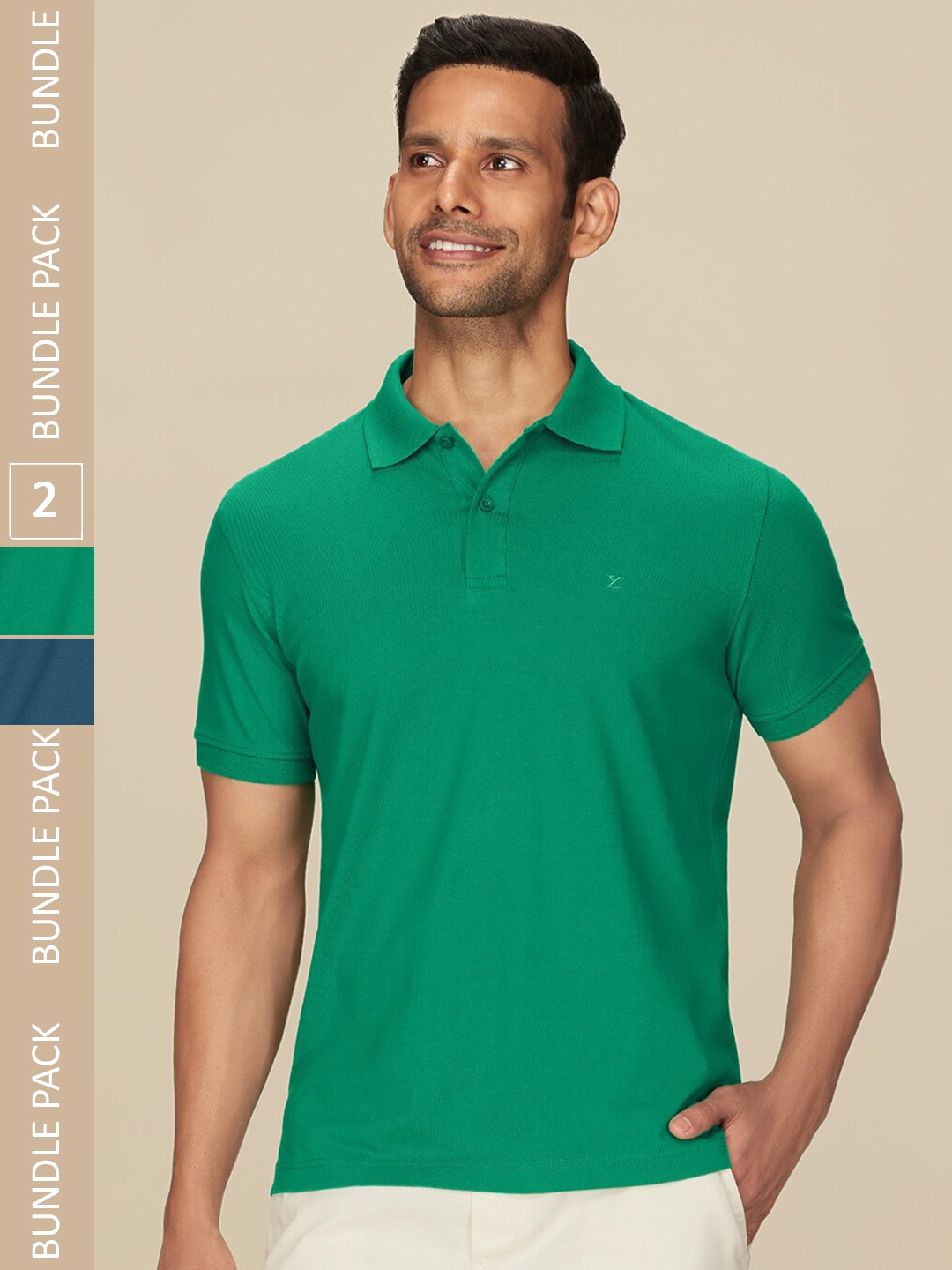 

XYXX Pack Of 2 Polo Collar Antimicrobial Pure Cotton T-shirts, Green