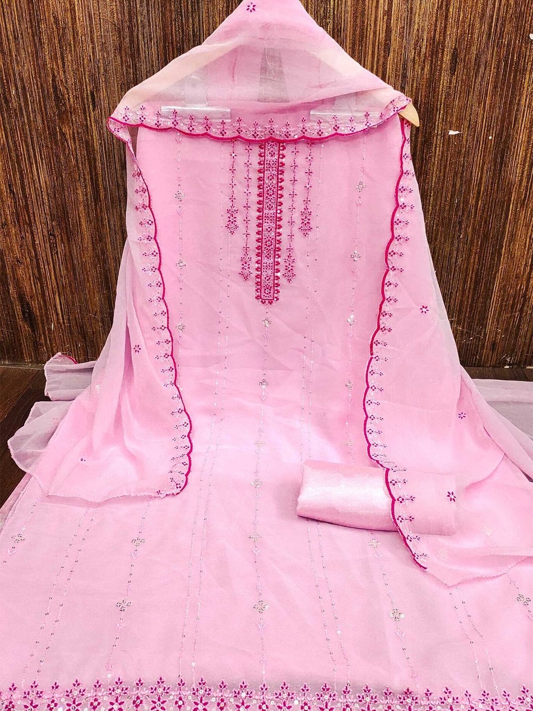 

KALINI Floral Embroidered Sequinned Unstitched Dress Material, Pink