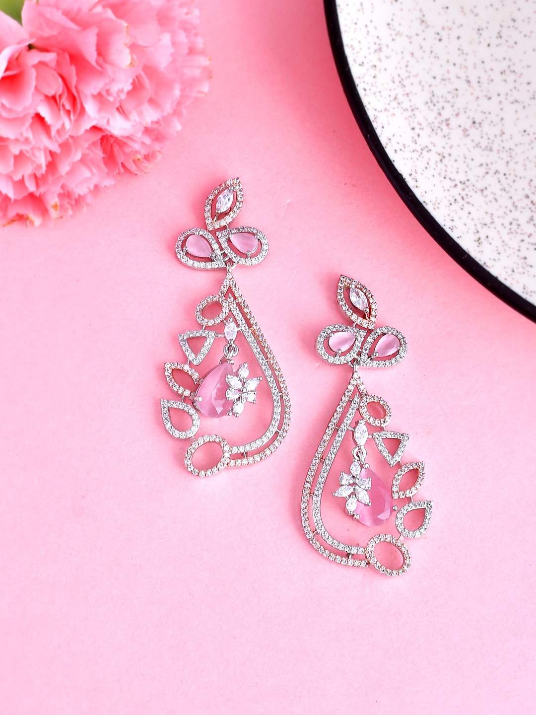 

Voylla Rose Gold Plated CZ Studded Drop Earrings