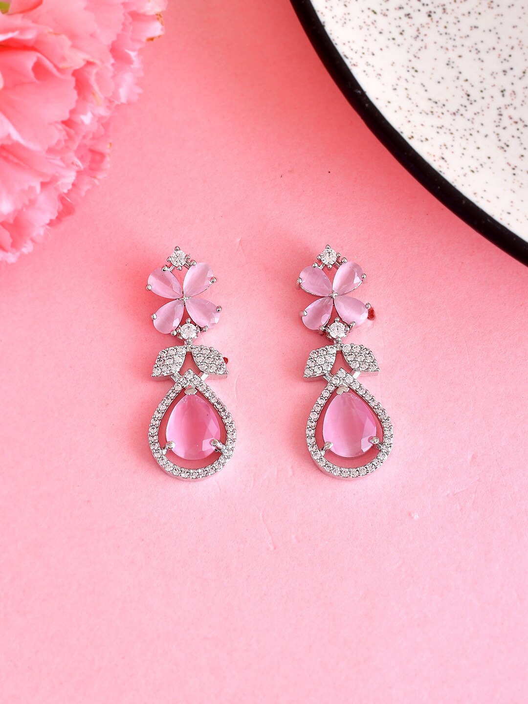 

Voylla Rhodium Plated Cubic Zirconia Studded Drop Earrings, Silver